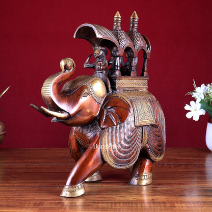 Brass Superfine Ambari Elephant with trunk up statue 12" unique decor - Budhshiv.com