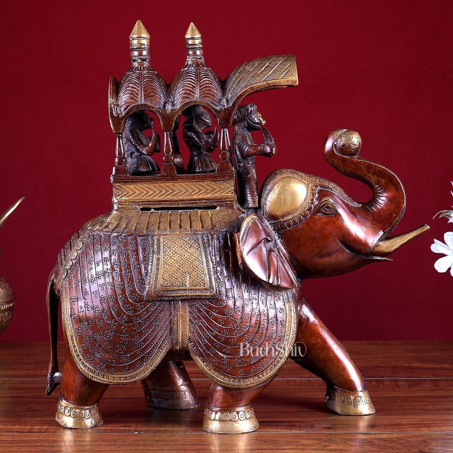 Brass Superfine Ambari Elephant with trunk up statue 12" unique decor - Budhshiv.com