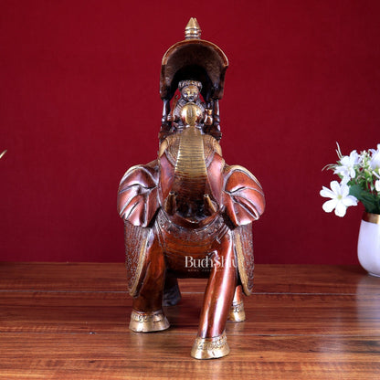 Brass Superfine Ambari Elephant with trunk up statue 12" unique decor - Budhshiv.com