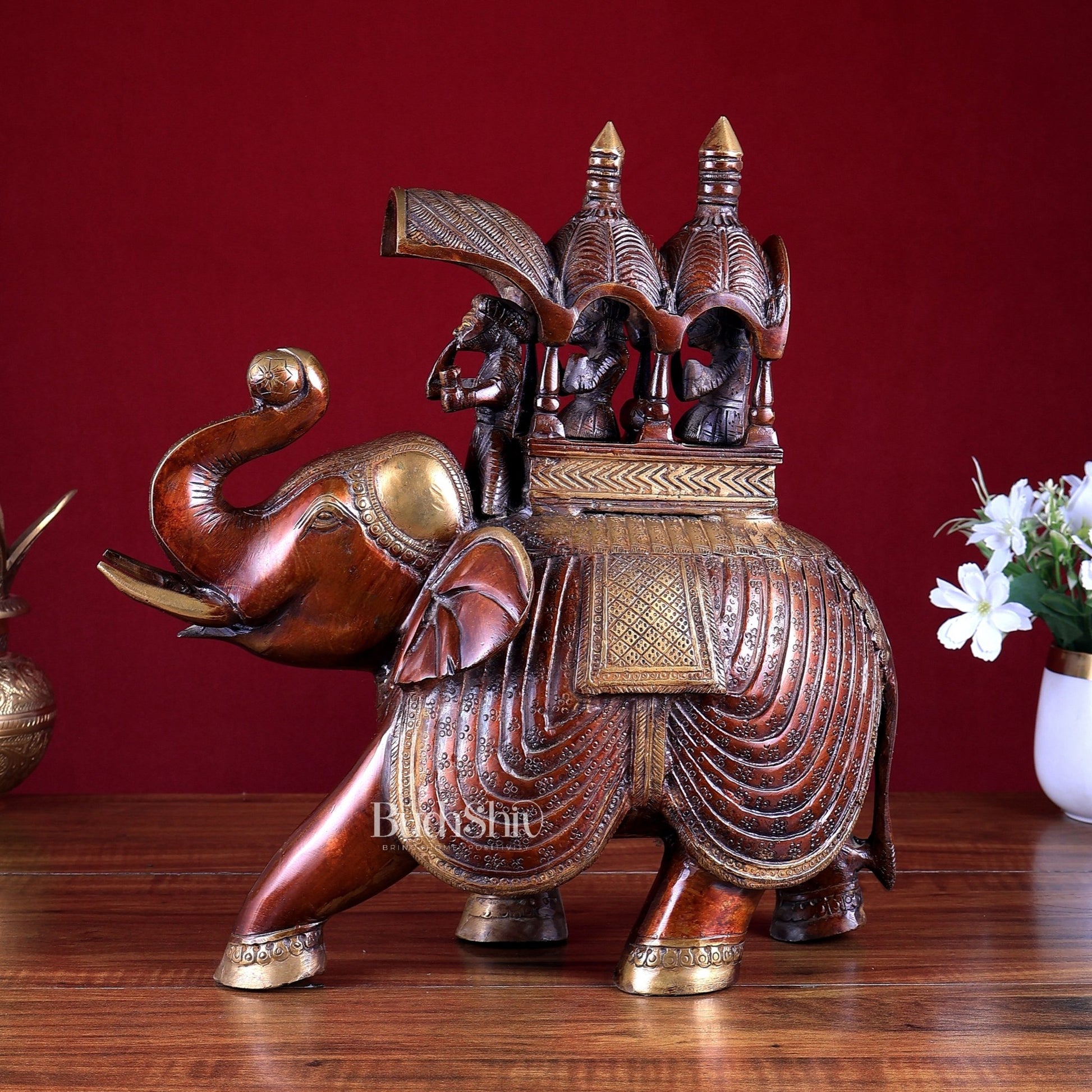 Brass Superfine Ambari Elephant with trunk up statue 12" unique decor - Budhshiv.com