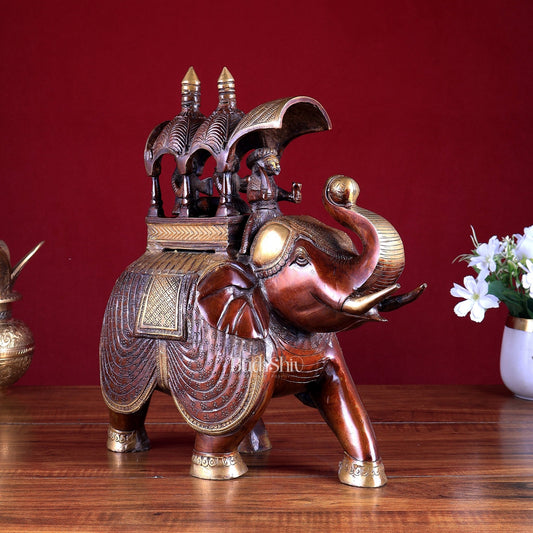 Brass Superfine Ambari Elephant with trunk up statue 12" unique decor - Budhshiv.com