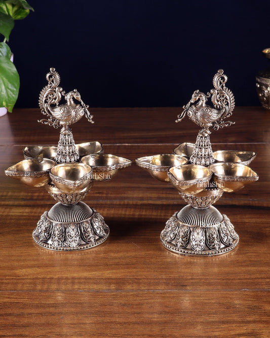 Brass Superfine Annam Lakshmi Peacock Panchdeep Diya | Single & Pair Options - Budhshiv.com