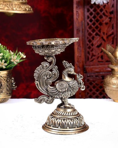 Brass Superfine Annam Pakshi Design Diya – Handcrafted Peacock Oil Lamp 8 inch - Budhshiv.com