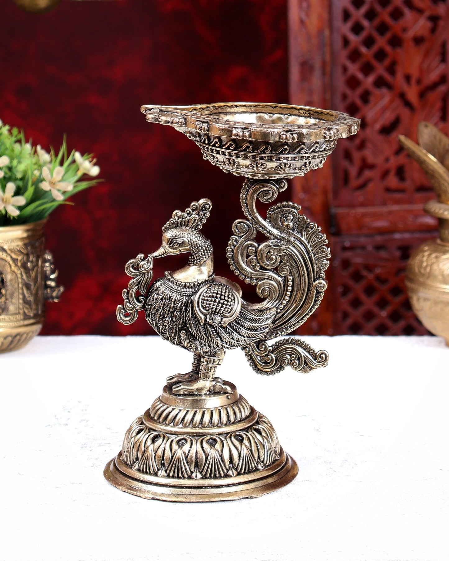 Brass Superfine Annam Pakshi Design Diya – Handcrafted Peacock Oil Lamp 8 inch - Budhshiv.com