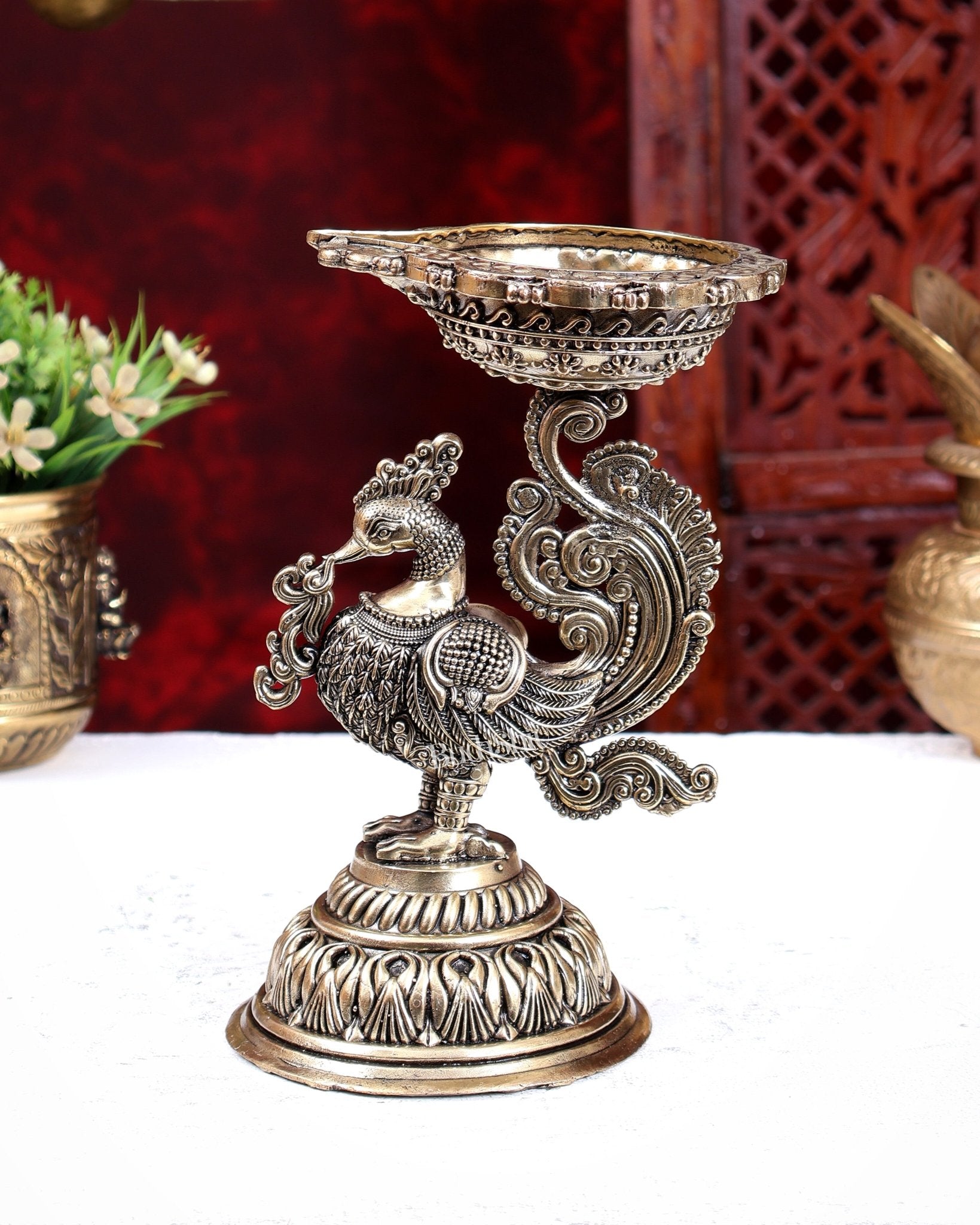 Brass Superfine Annam Pakshi Design Diya – Handcrafted Peacock Oil Lamp 8 inch - Budhshiv.com