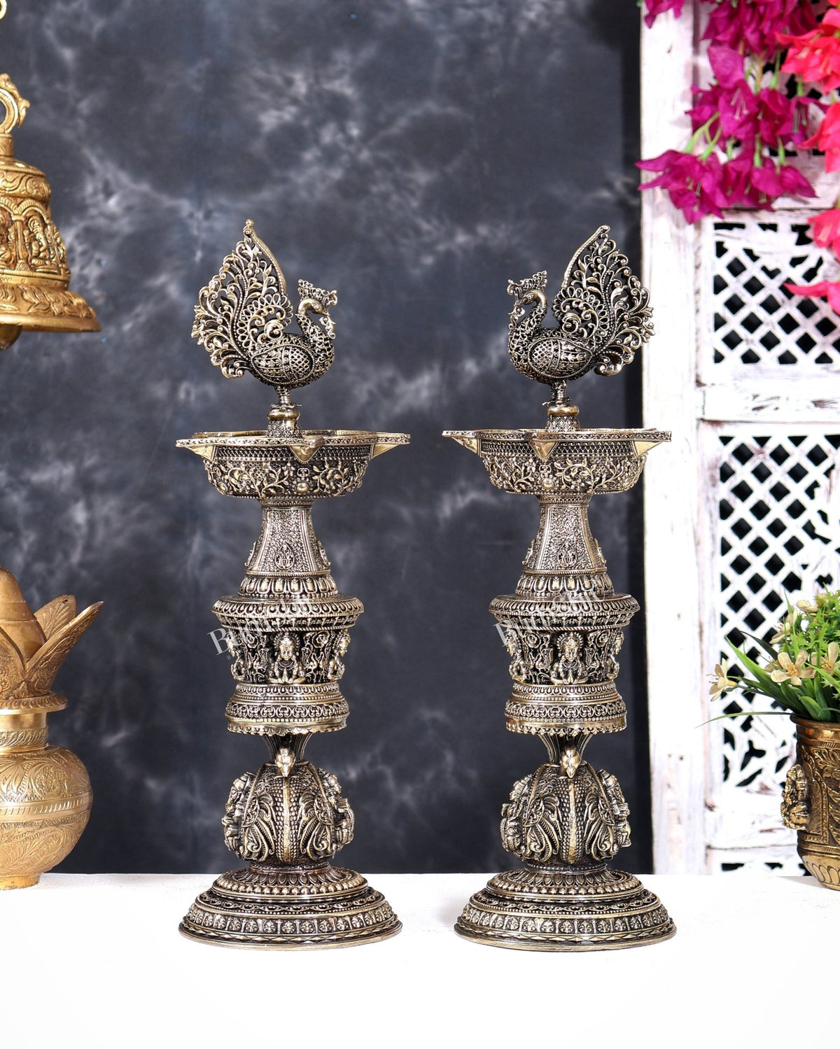 Brass Superfine Annam Pakshi Design Peacock Lamp with Ganesh Lakshmi Carvings 14 inch - Budhshiv.com
