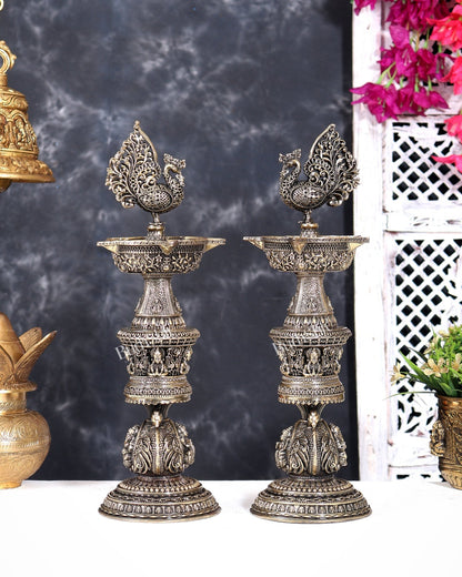 Brass Superfine Annam Pakshi Design Peacock Lamp with Ganesh Lakshmi Carvings 14 inch - Budhshiv.com