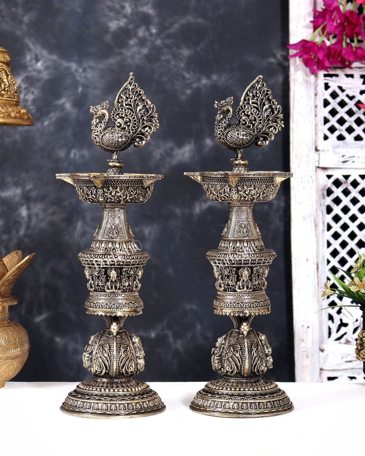 Brass Superfine Annam Pakshi Design Peacock Lamp with Ganesh Lakshmi Carvings 14 inch - Budhshiv.com