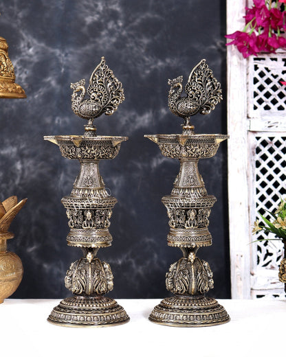 Brass Superfine Annam Pakshi Design Peacock Lamp with Ganesh Lakshmi Carvings 14 inch - Budhshiv.com
