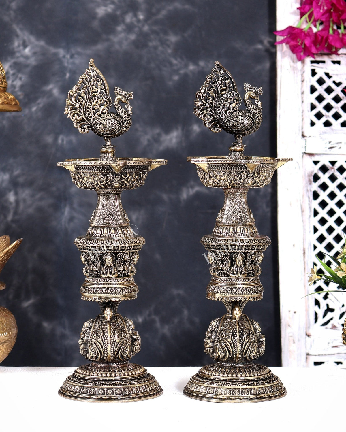 Brass Superfine Annam Pakshi Design Peacock Lamp with Ganesh Lakshmi Carvings 14 inch - Budhshiv.com