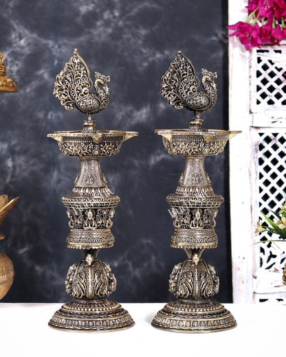 Brass Superfine Annam Pakshi Design Peacock Lamp with Ganesh Lakshmi Carvings 14 inch - Budhshiv.com