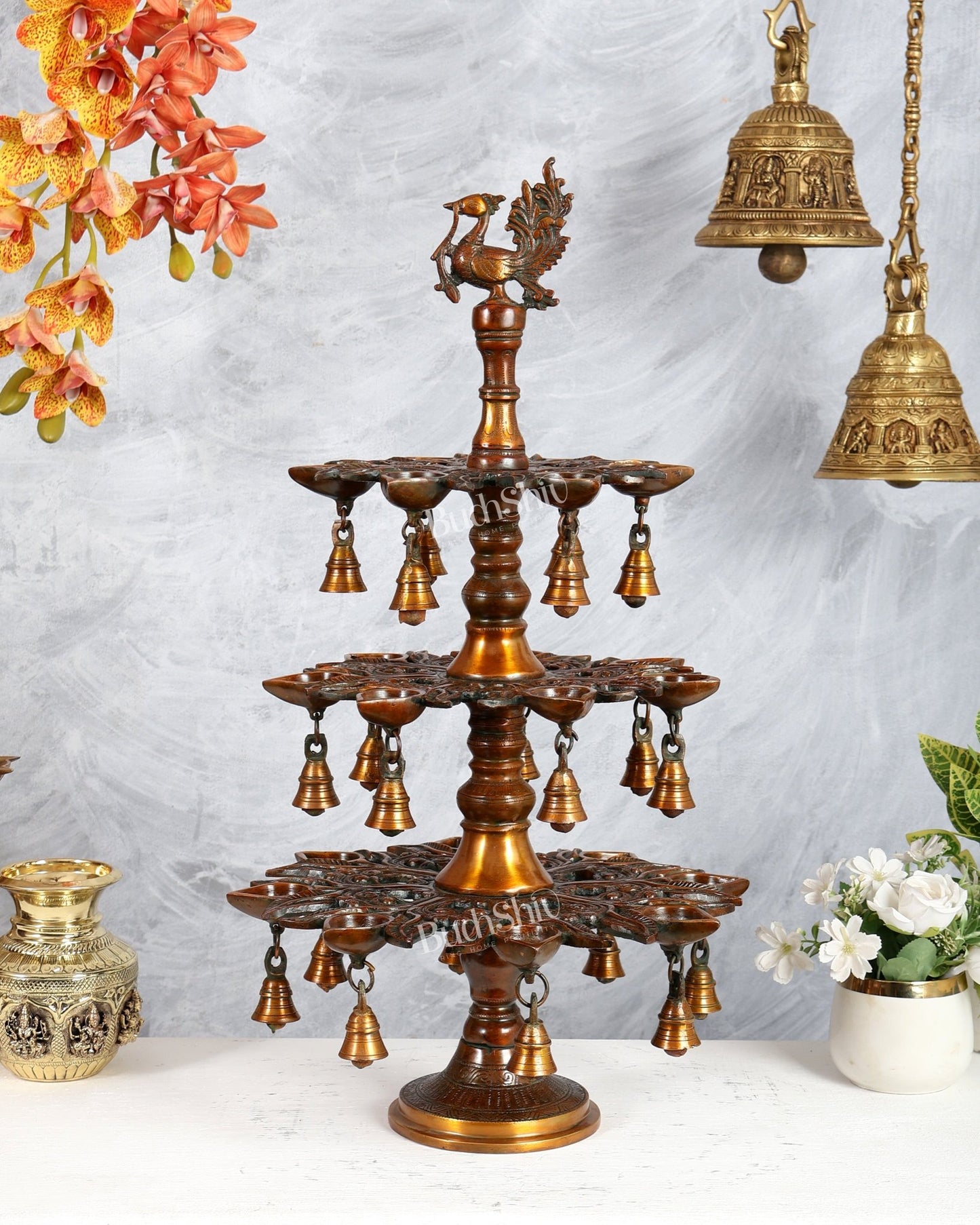 Brass Superfine Annam Pakshi Diya Samai – Multi - Diya Traditional Lamp, Chola Bronze Tone (21 Inches) - Budhshiv.com