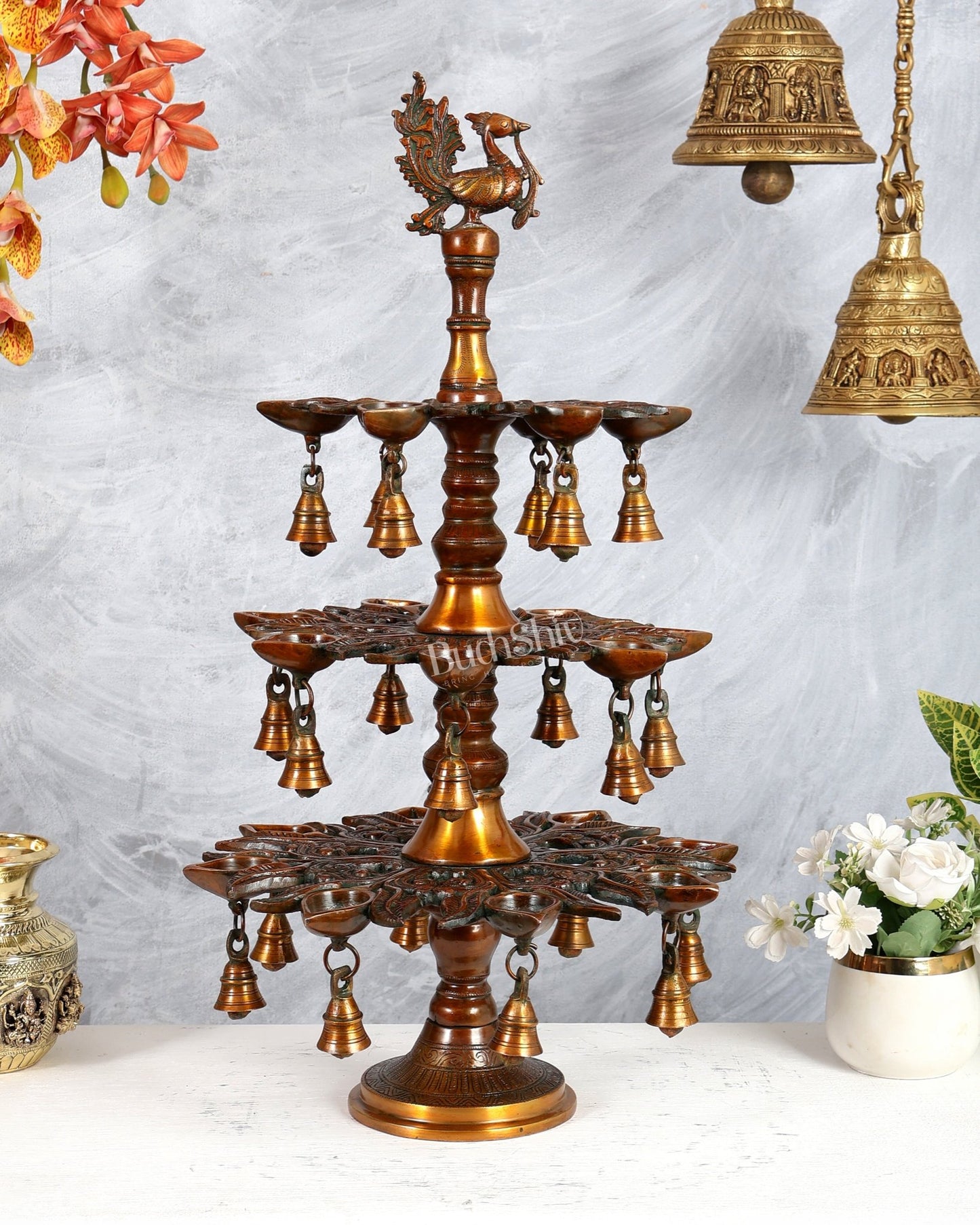 Brass Superfine Annam Pakshi Diya Samai – Multi - Diya Traditional Lamp, Chola Bronze Tone (21 Inches) - Budhshiv.com