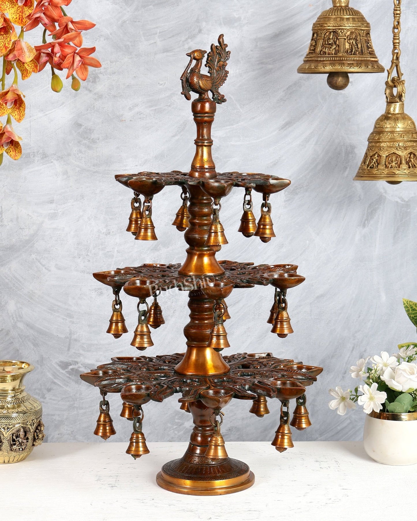 Brass Superfine Annam Pakshi Diya Samai – Multi - Diya Traditional Lamp, Chola Bronze Tone (21 Inches) - Budhshiv.com