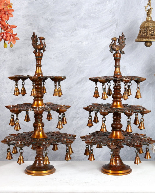 Brass Superfine Annam Pakshi Diya Samai – Multi - Diya Traditional Lamp, Chola Bronze Tone (21 Inches) - Budhshiv.com
