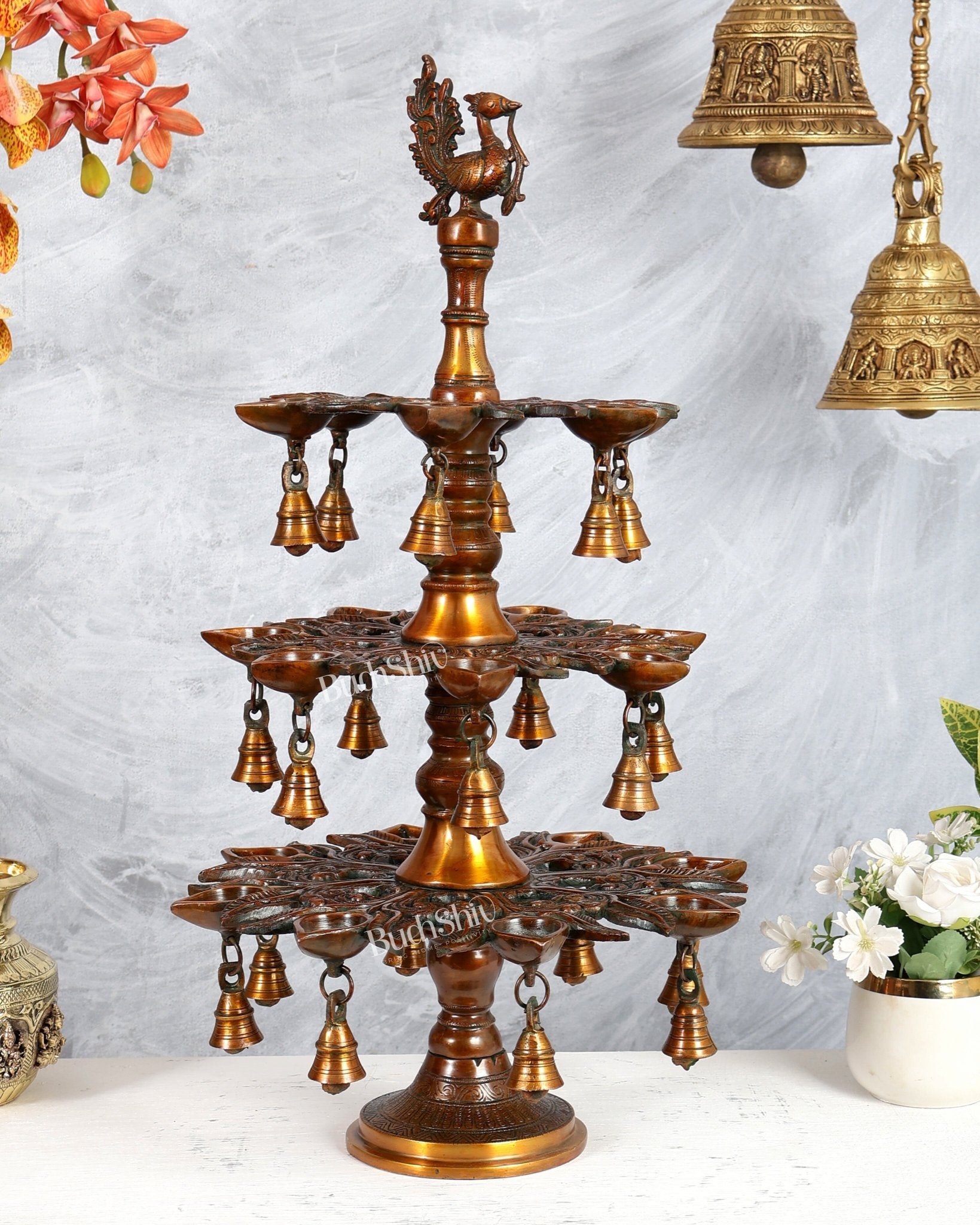Brass Superfine Annam Pakshi Diya Samai – Multi - Diya Traditional Lamp, Chola Bronze Tone (21 Inches) - Budhshiv.com