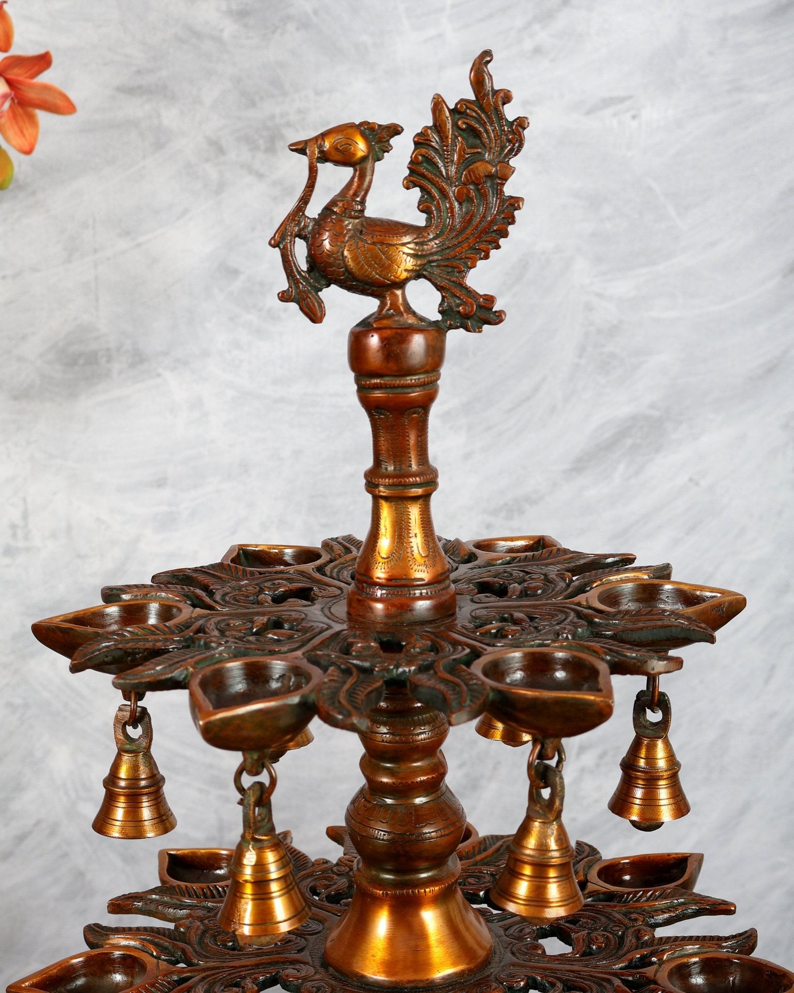 Brass Superfine Annam Pakshi Diya Samai – Multi - Diya Traditional Lamp, Chola Bronze Tone (21 Inches) - Budhshiv.com