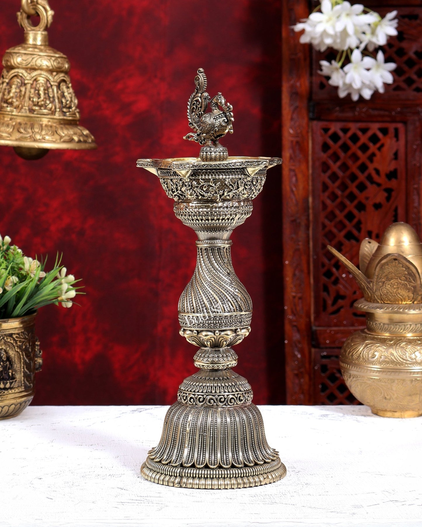 Brass Superfine Annam Pakshi Oil Lamp | Intricate Carvings 12 inch - Budhshiv.com