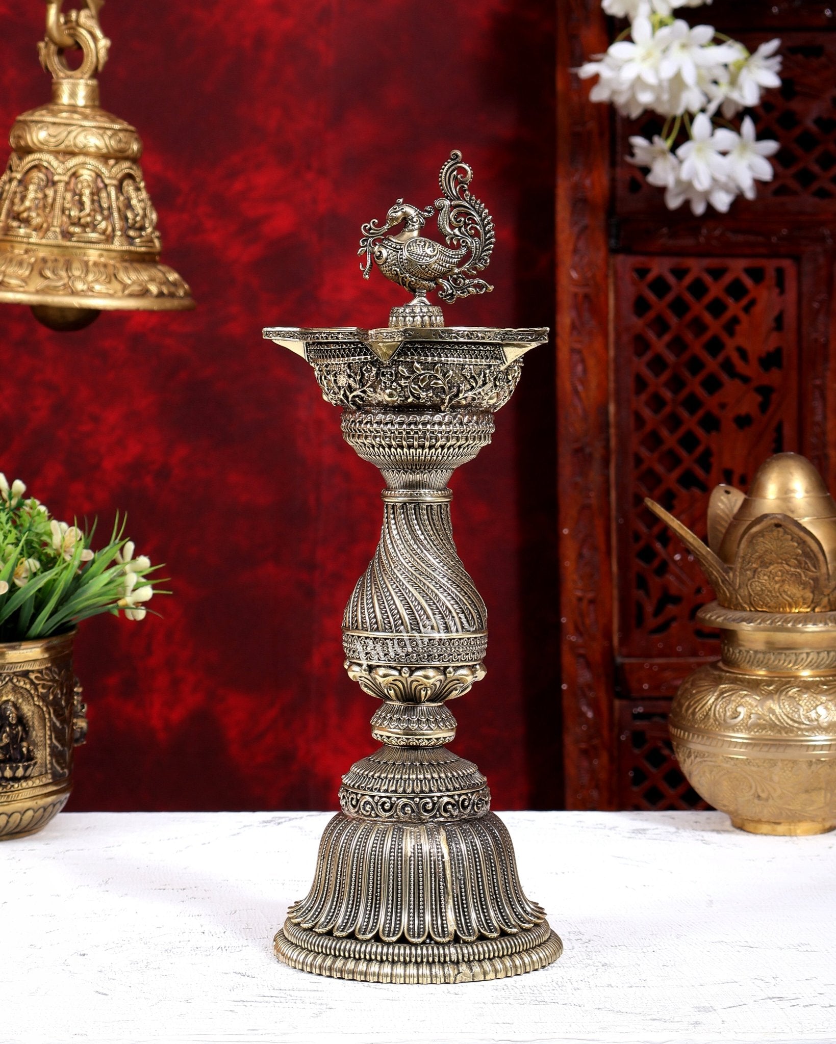 Brass Superfine Annam Pakshi Oil Lamp | Intricate Carvings 12 inch - Budhshiv.com