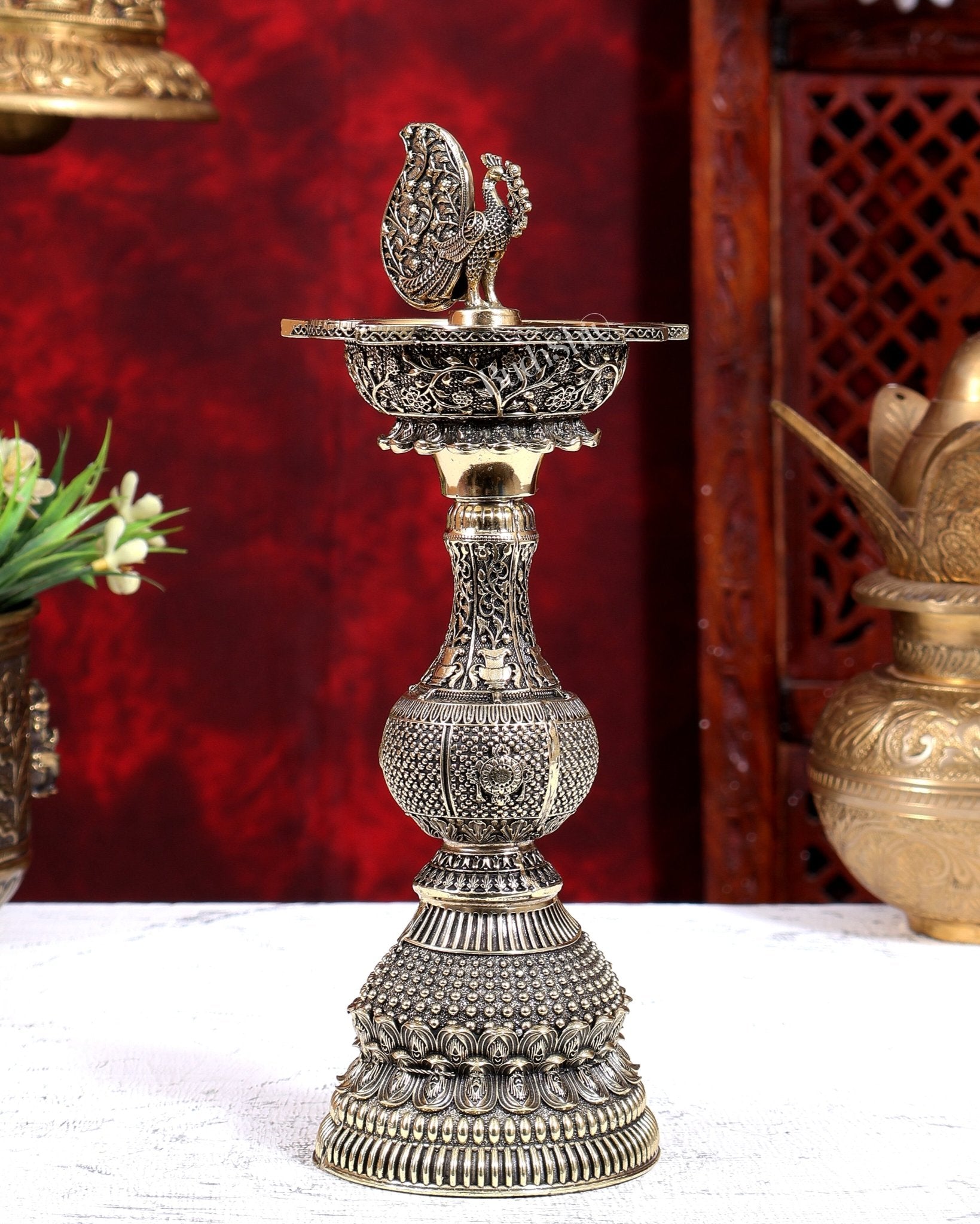 Brass Superfine Annam Pakshi Oil Lamp | Shankh Chakra Namah & Kalash Carvings 10 inch - Budhshiv.com