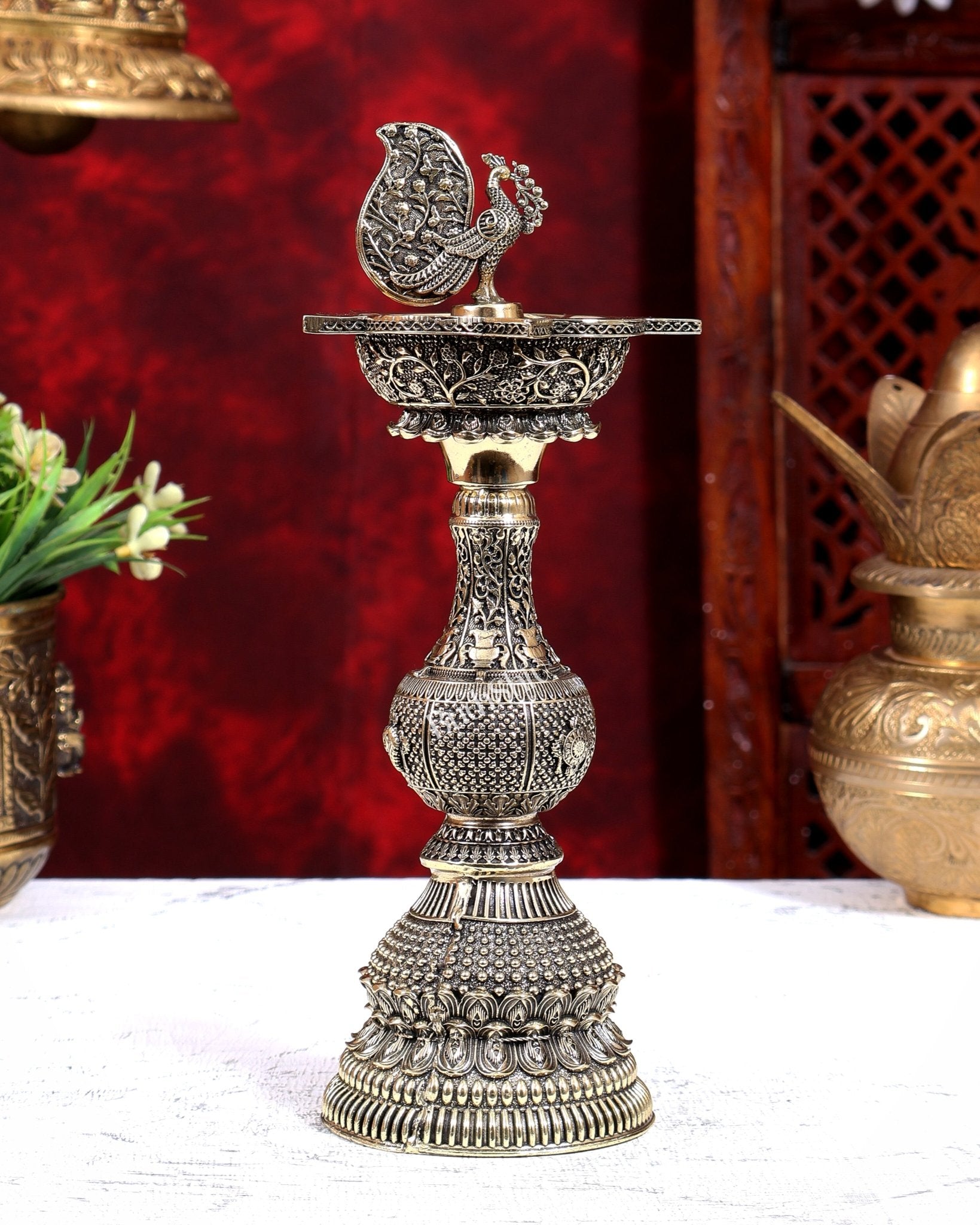 Brass Superfine Annam Pakshi Oil Lamp | Shankh Chakra Namah & Kalash Carvings 10 inch - Budhshiv.com