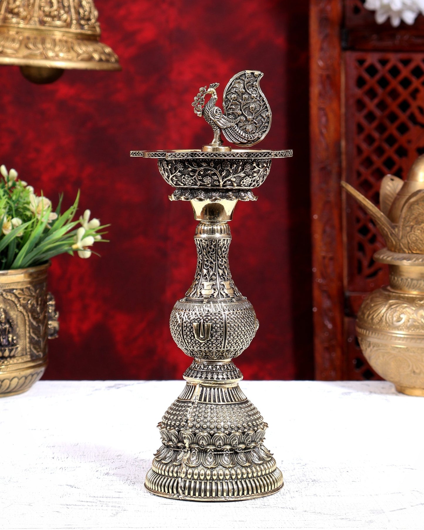Brass Superfine Annam Pakshi Oil Lamp | Shankh Chakra Namah & Kalash Carvings 10 inch - Budhshiv.com