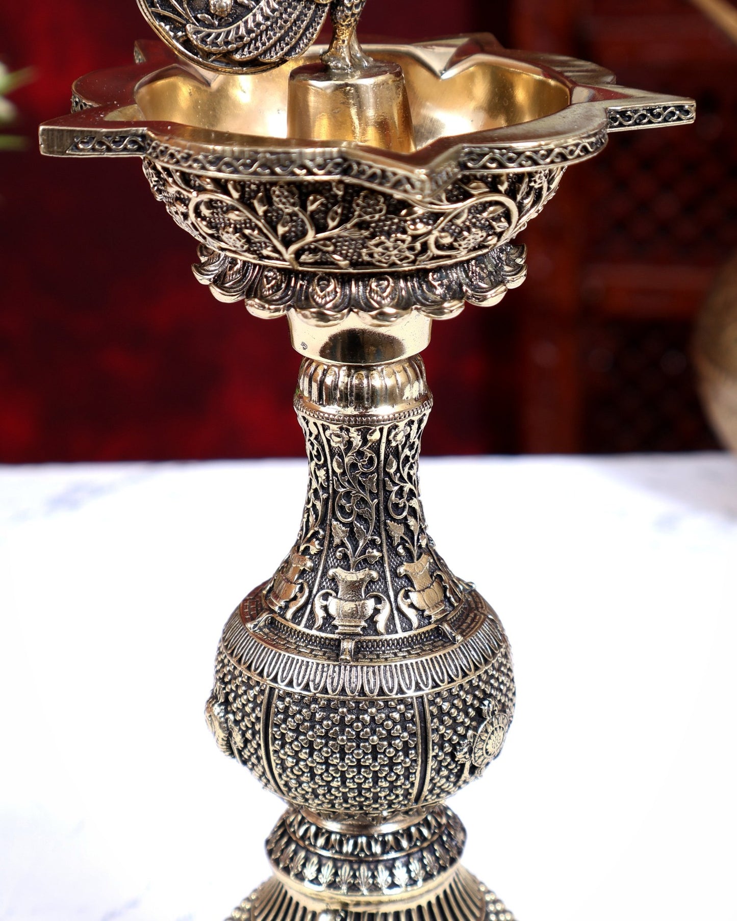 Brass Superfine Annam Pakshi Oil Lamp | Shankh Chakra Namah & Kalash Carvings 10 inch - Budhshiv.com