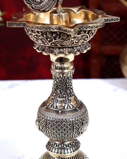 Brass Superfine Annam Pakshi Oil Lamp | Shankh Chakra Namah & Kalash Carvings 10 inch - Budhshiv.com