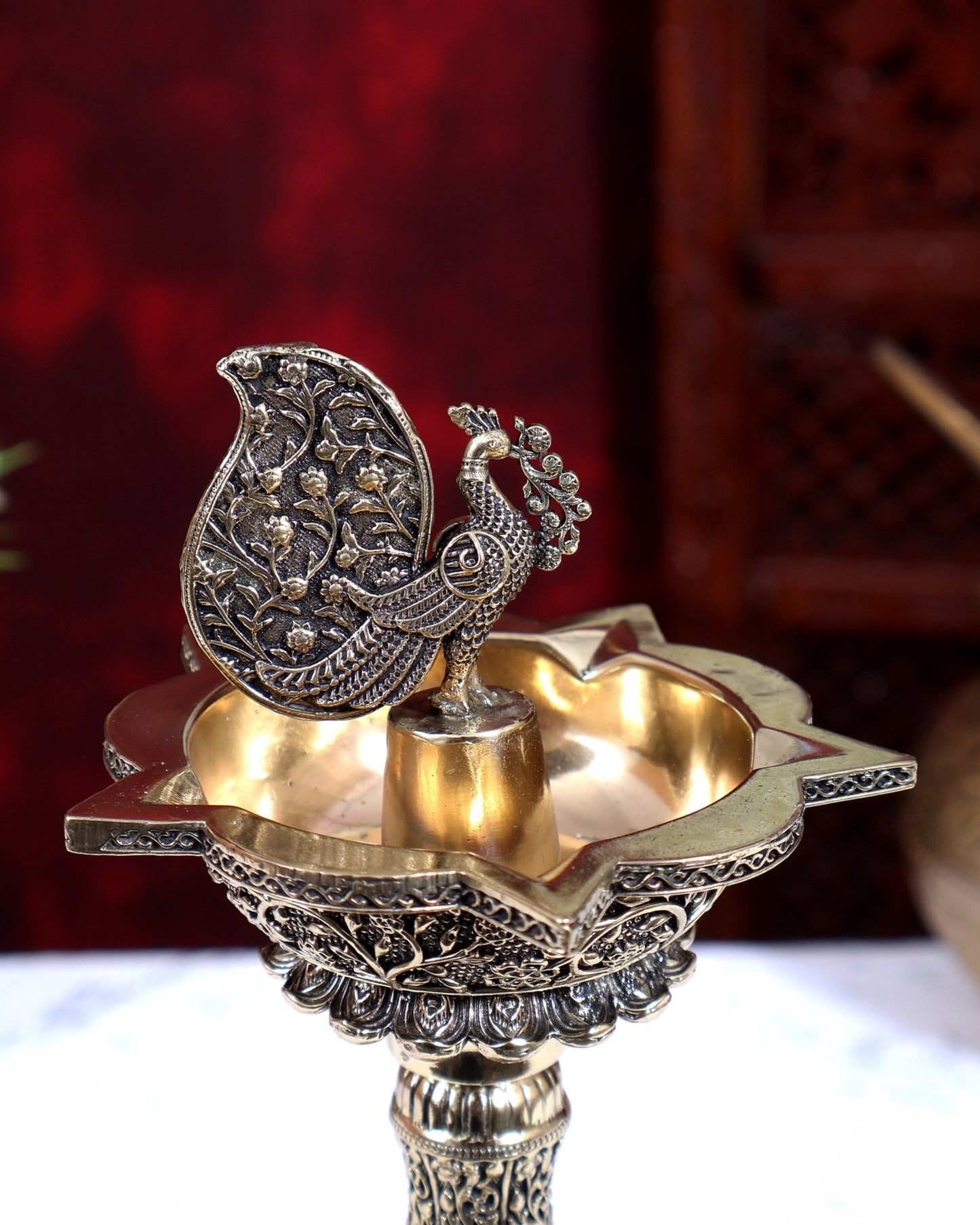 Brass Superfine Annam Pakshi Oil Lamp | Shankh Chakra Namah & Kalash Carvings 10 inch - Budhshiv.com