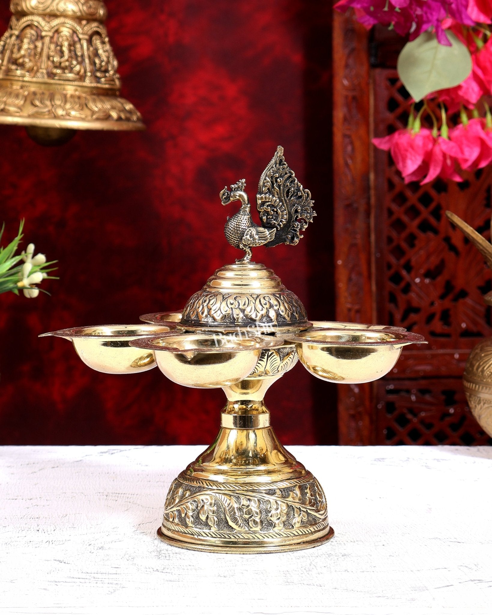 Brass Superfine Annam Pakshi Panchdeep Diya | Five Lamp Oil Lamp 7.5 inch - Budhshiv.com