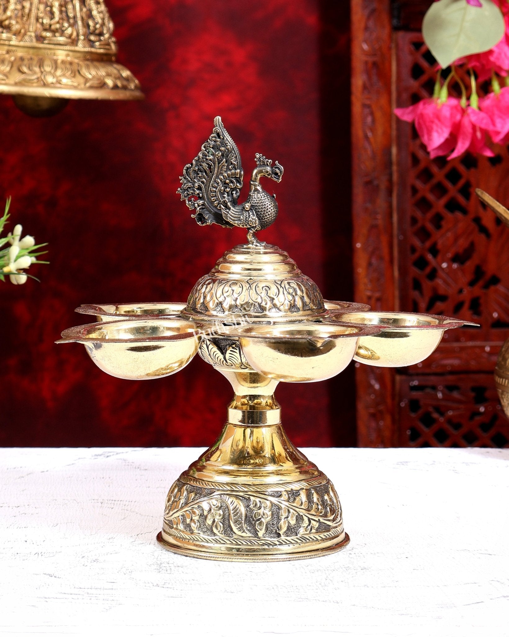 Brass Superfine Annam Pakshi Panchdeep Diya | Five Lamp Oil Lamp 7.5 inch - Budhshiv.com