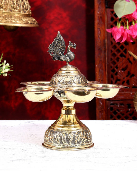 Brass Superfine Annam Pakshi Panchdeep Diya | Five Lamp Oil Lamp 7.5 inch - Budhshiv.com