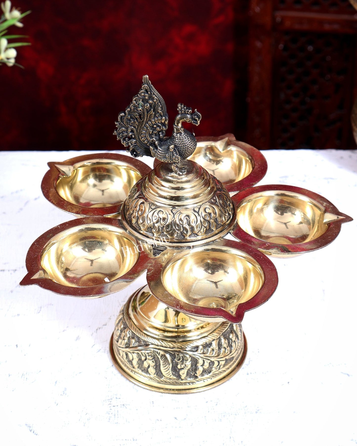 Brass Superfine Annam Pakshi Panchdeep Diya | Five Lamp Oil Lamp 7.5 inch - Budhshiv.com