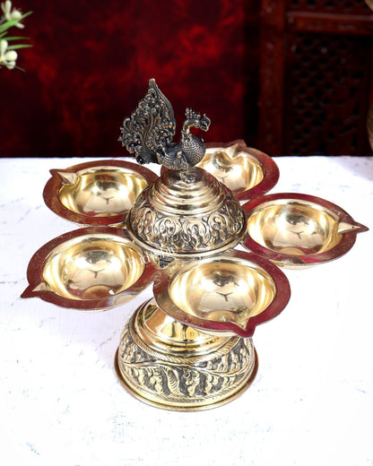 Brass Superfine Annam Pakshi Panchdeep Diya | Five Lamp Oil Lamp 7.5 inch - Budhshiv.com