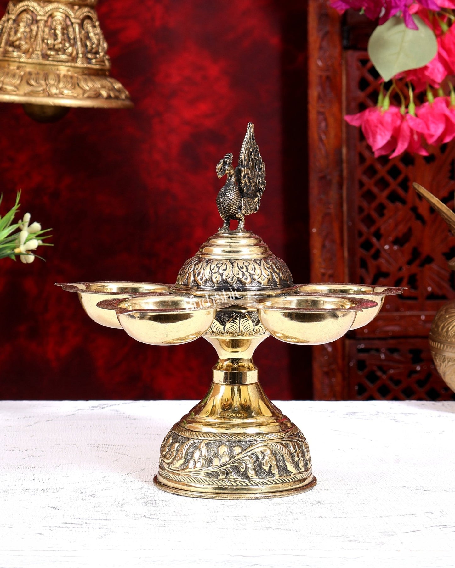 Brass Superfine Annam Pakshi Panchdeep Diya | Five Lamp Oil Lamp 7.5 inch - Budhshiv.com