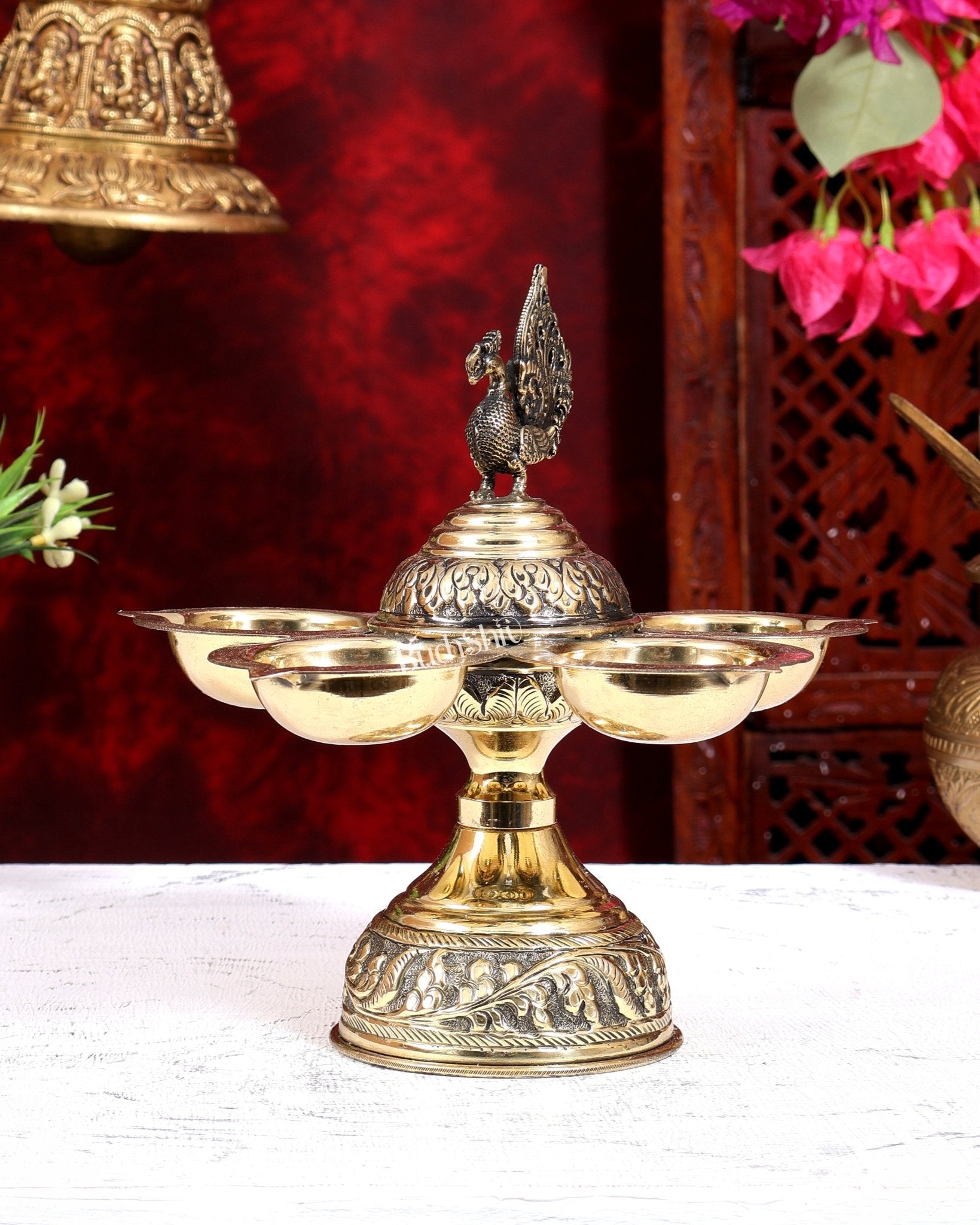 Brass Superfine Annam Pakshi Panchdeep Diya | Five Lamp Oil Lamp 7.5 inch - Budhshiv.com