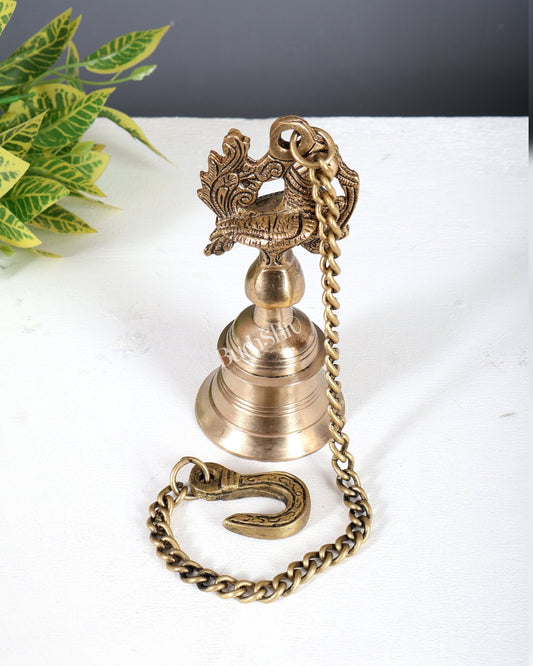 Brass Superfine Annam Pakshi Peacock Hanging Bell with Chain – Carved Temple Décor 6 Inch - Budhshiv.com