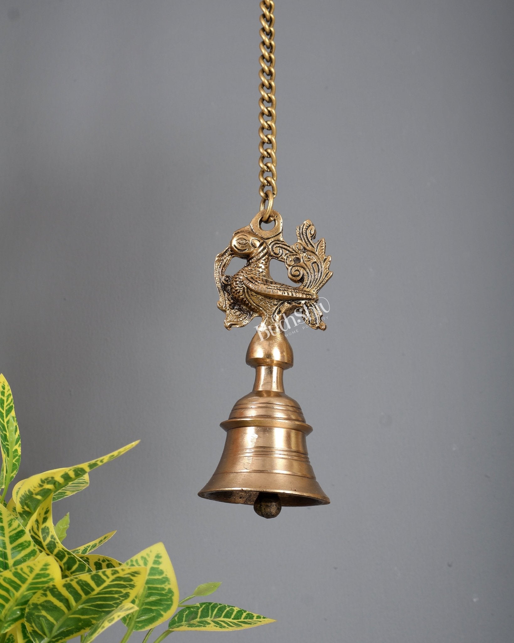 Brass Superfine Annam Pakshi Peacock Hanging Bell with Chain – Carved Temple Décor 6 Inch - Budhshiv.com