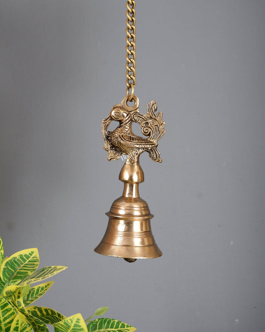 Brass Superfine Annam Pakshi Peacock Hanging Bell with Chain – Carved Temple Décor 6 Inch - Budhshiv.com