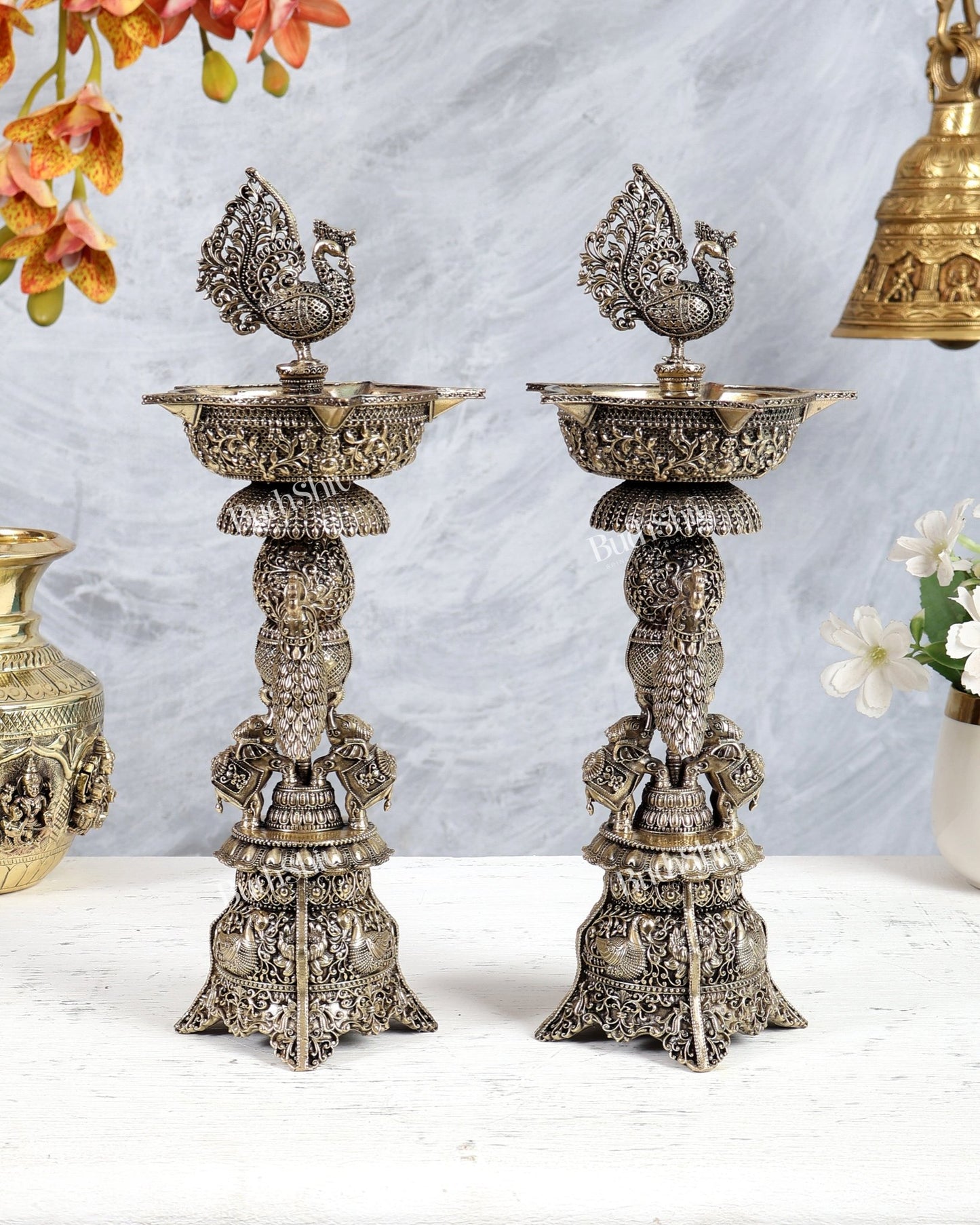 Brass Superfine Annam Pakshi Samai Diya – Elephant & Peacock Carvings Traditional Lamp (12 Inches) pair - Budhshiv.com