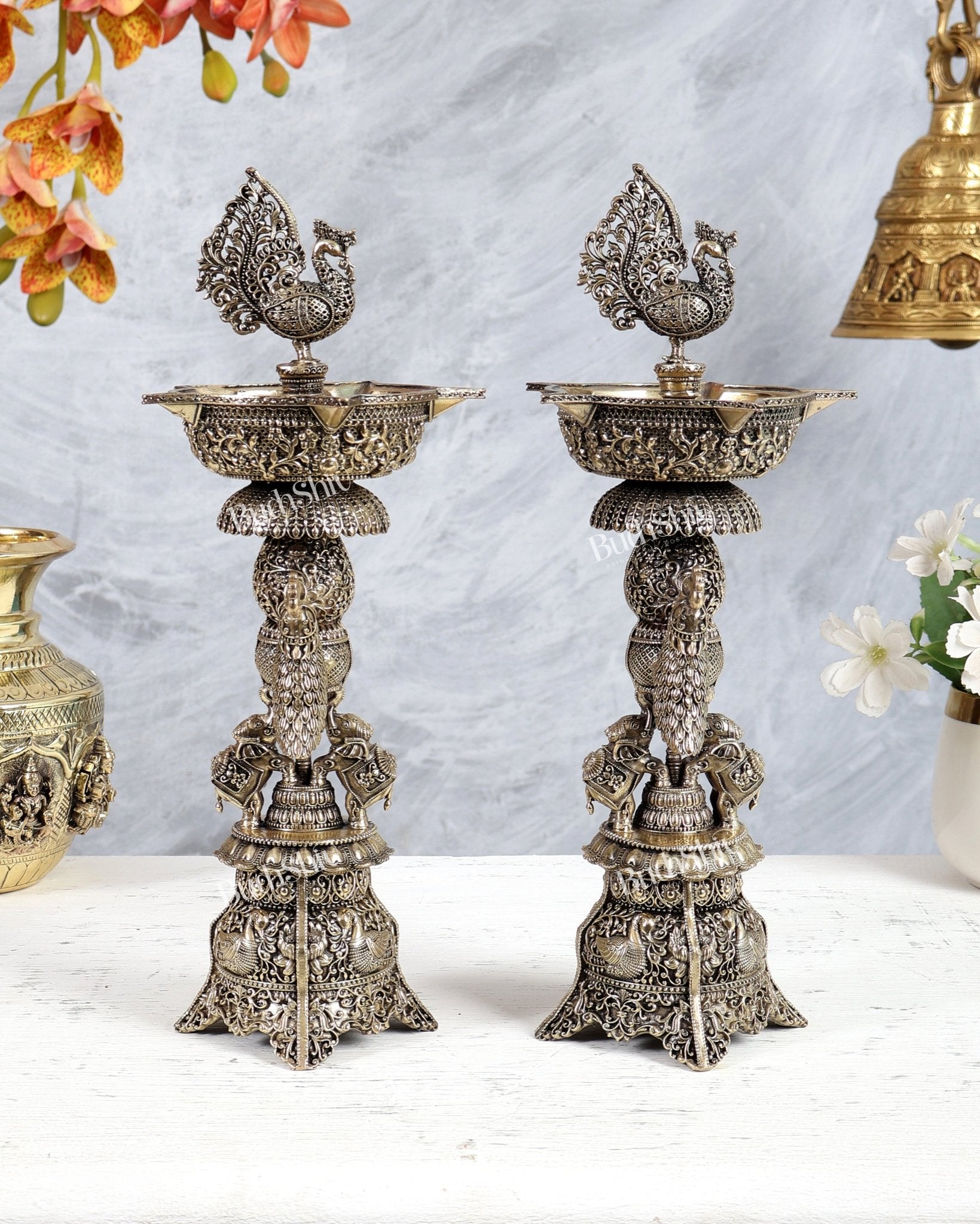 Brass Superfine Annam Pakshi Samai Diya – Elephant & Peacock Carvings Traditional Lamp (12 Inches) pair - Budhshiv.com