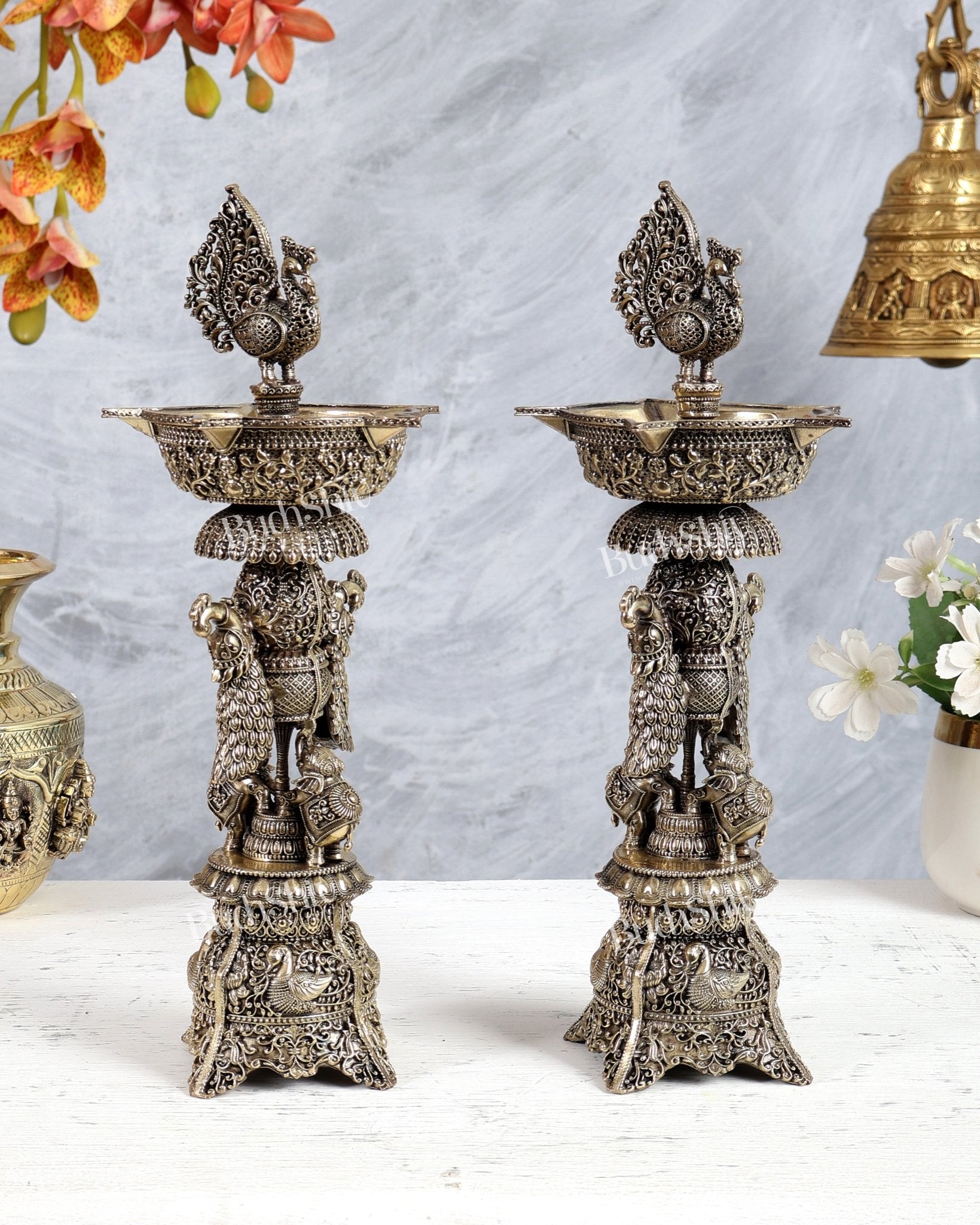 Brass Superfine Annam Pakshi Samai Diya – Elephant & Peacock Carvings Traditional Lamp (12 Inches) pair - Budhshiv.com
