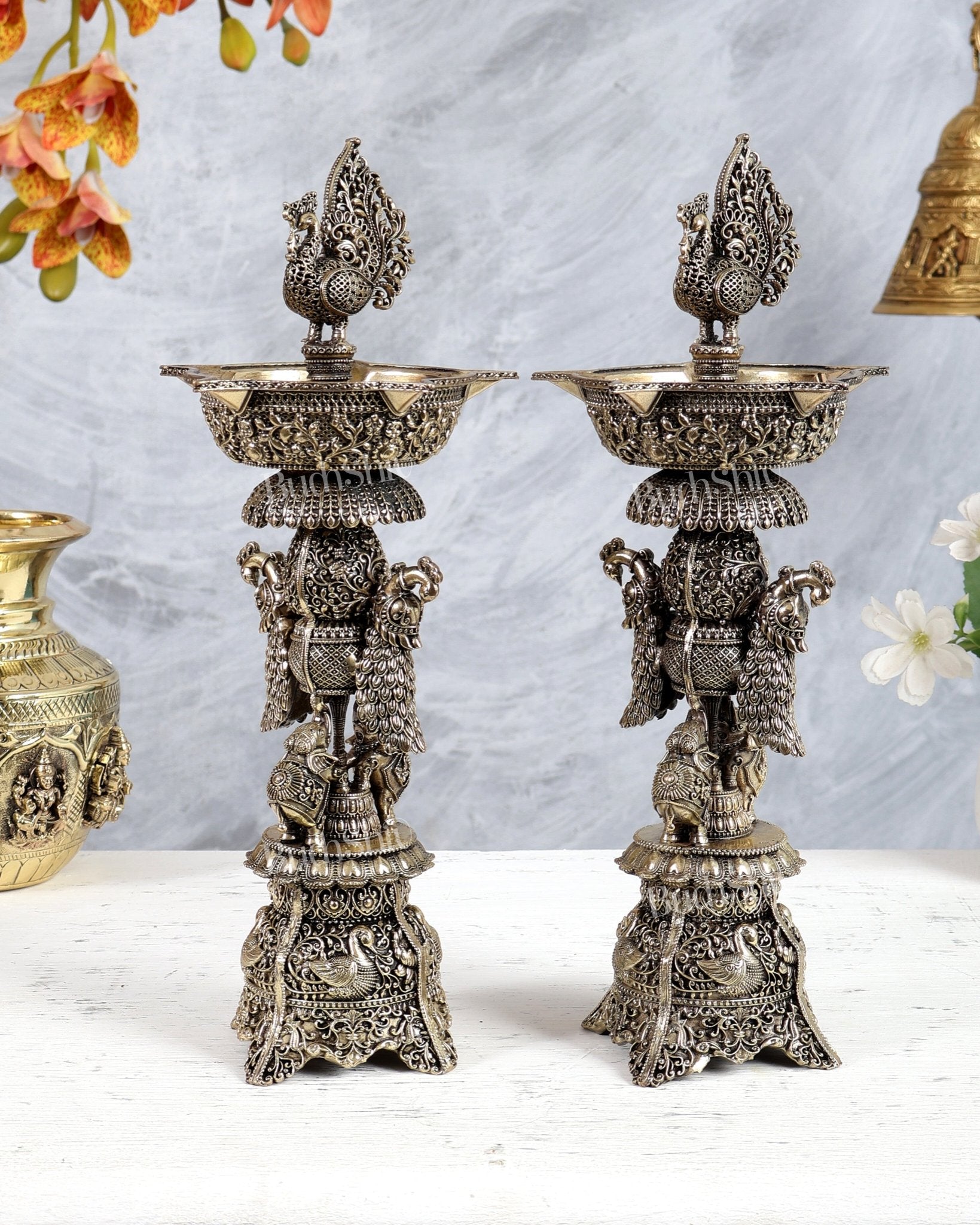 Brass Superfine Annam Pakshi Samai Diya – Elephant & Peacock Carvings Traditional Lamp (12 Inches) pair - Budhshiv.com