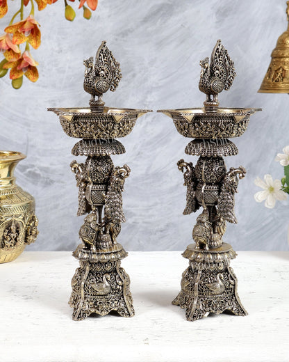 Brass Superfine Annam Pakshi Samai Diya – Elephant & Peacock Carvings Traditional Lamp (12 Inches) pair - Budhshiv.com