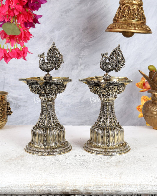 Brass Superfine Annam Pakshi Samp Oil Lamp Diya Pair – Traditional South Indian Deepam Set 9.5 inch - Budhshiv.com