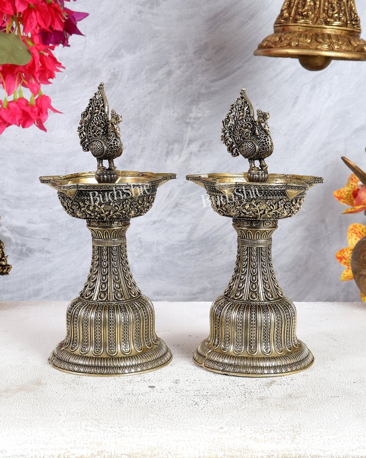 Brass Superfine Annam Pakshi Samp Oil Lamp Diya Pair – Traditional South Indian Deepam Set 9.5 inch - Budhshiv.com