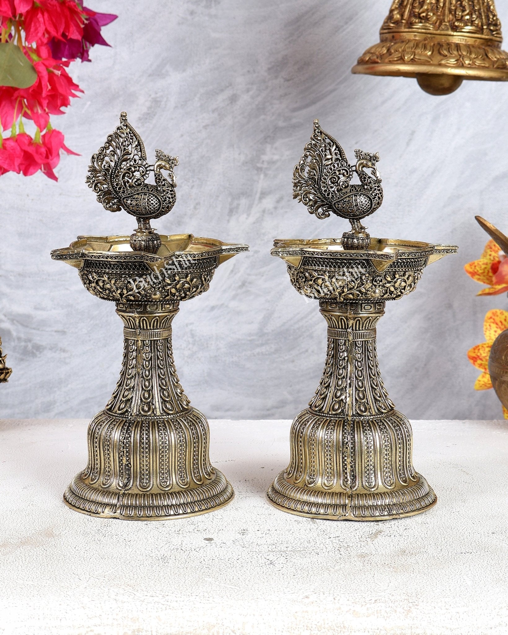 Brass Superfine Annam Pakshi Samp Oil Lamp Diya Pair – Traditional South Indian Deepam Set 9.5 inch - Budhshiv.com