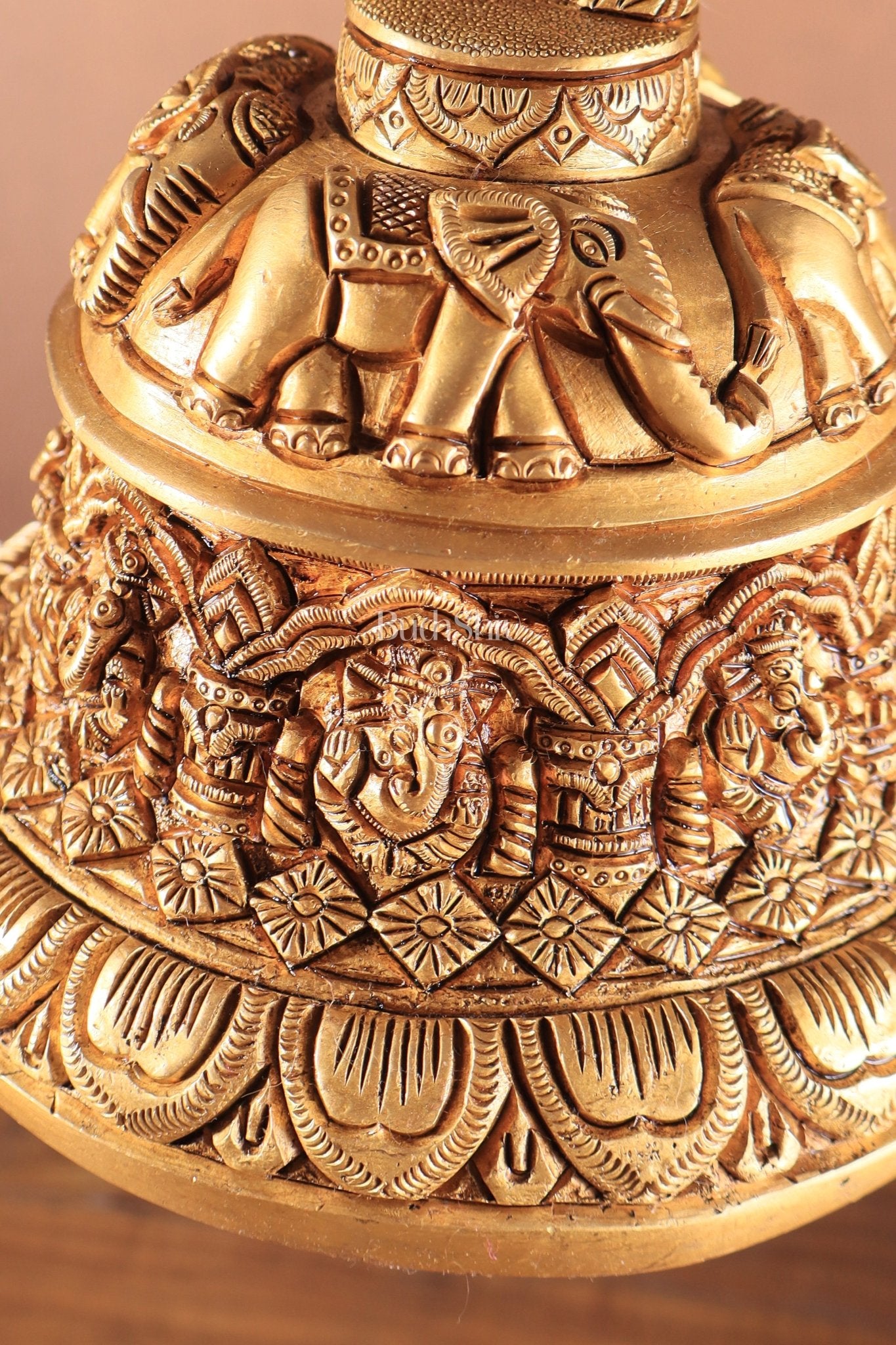 Brass Superfine Ashta Vinayaka Ganesha Hanging Temple Bell with Elephant Carvings - Budhshiv.com