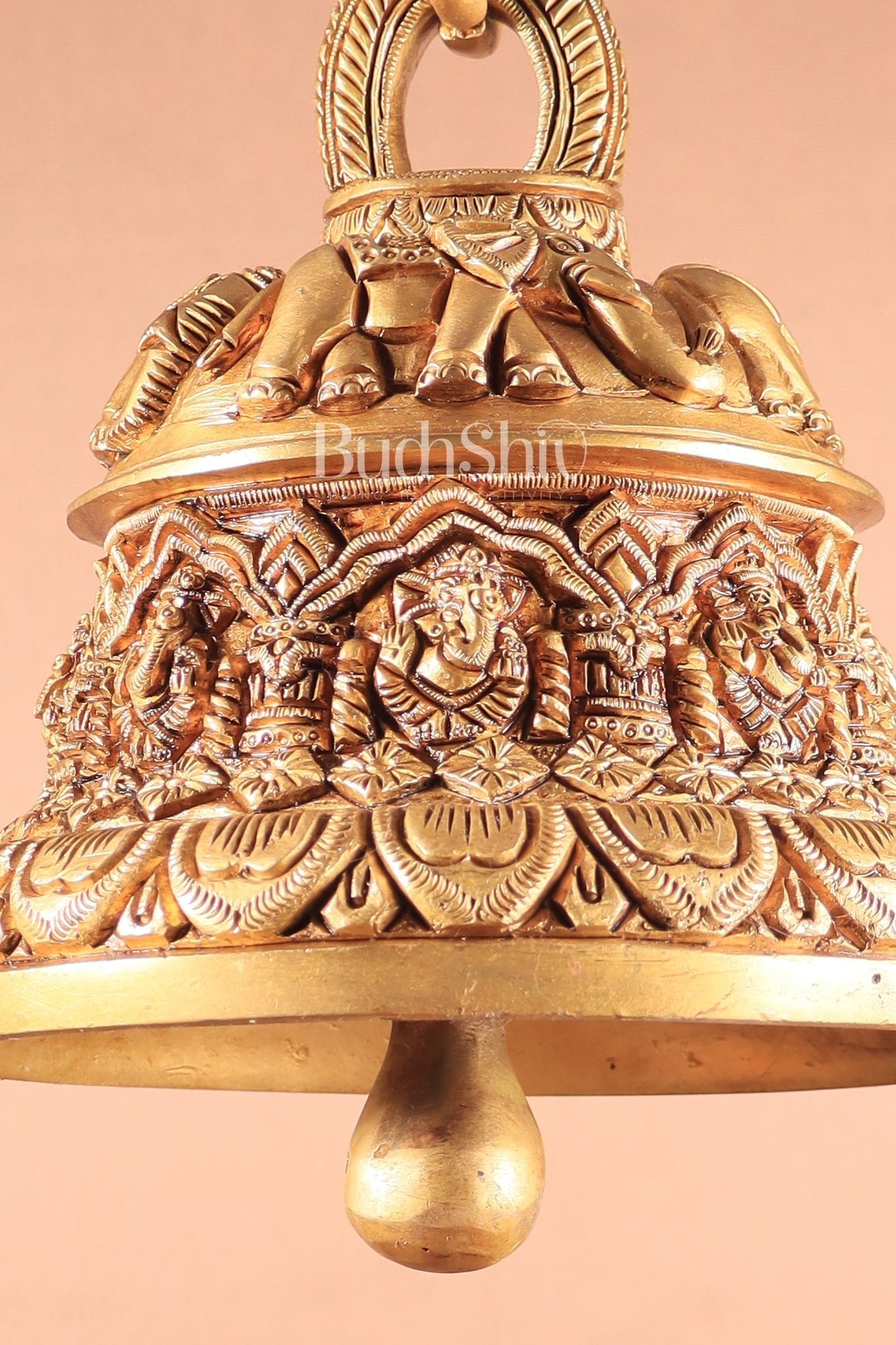 Brass Superfine Ashta Vinayaka Ganesha Hanging Temple Bell with Elephant Carvings - Budhshiv.com