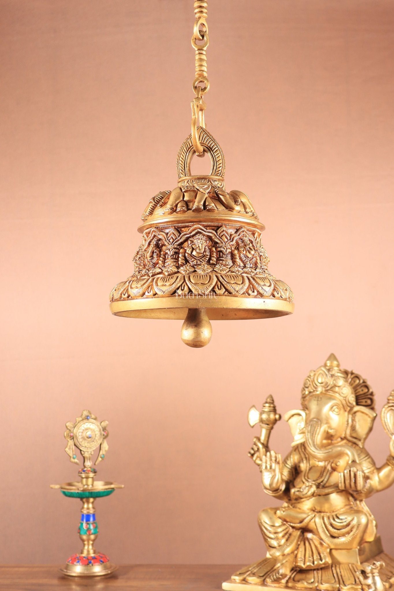 Brass Superfine Ashta Vinayaka Ganesha Hanging Temple Bell with Elephant Carvings - Budhshiv.com